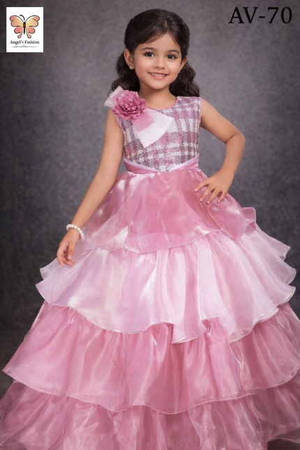 Blush Pink Tiered Organza Ball Gown with Checkered Sequin Bodice