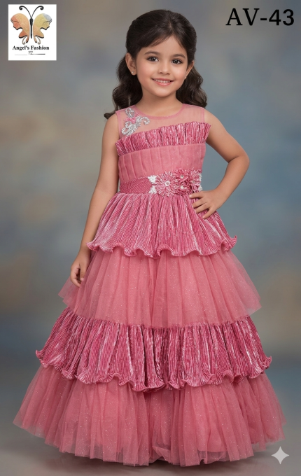 Dazzling Rose Pink Tiered Metallic Pleat Gown with Floral Waistband