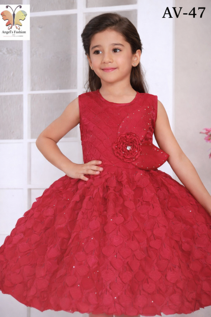 Ruby Red Petal-Textured Ballroom Gown with Floral Appliqué
