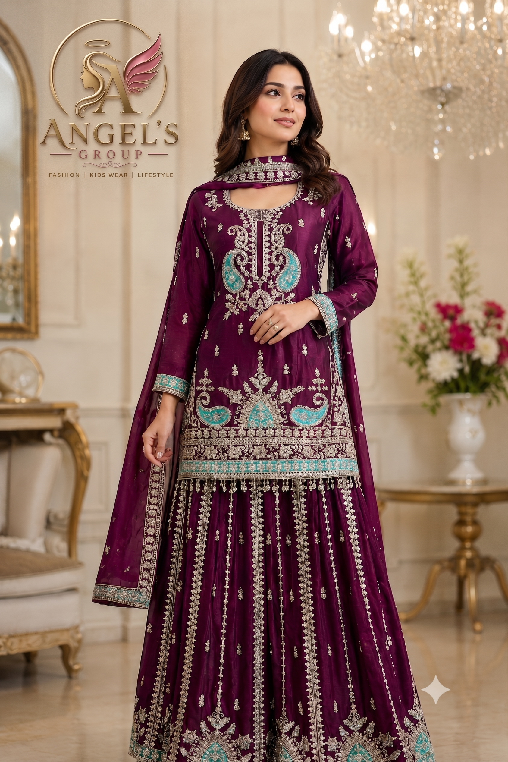 lehenga with suit Wine Colour Heavy Embroidered Palazzo Suit with Dupatta